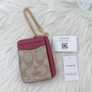 NWT Coach Zip Card Case Signature Canvas ID Window Light Khaki Rouge Pink C0058